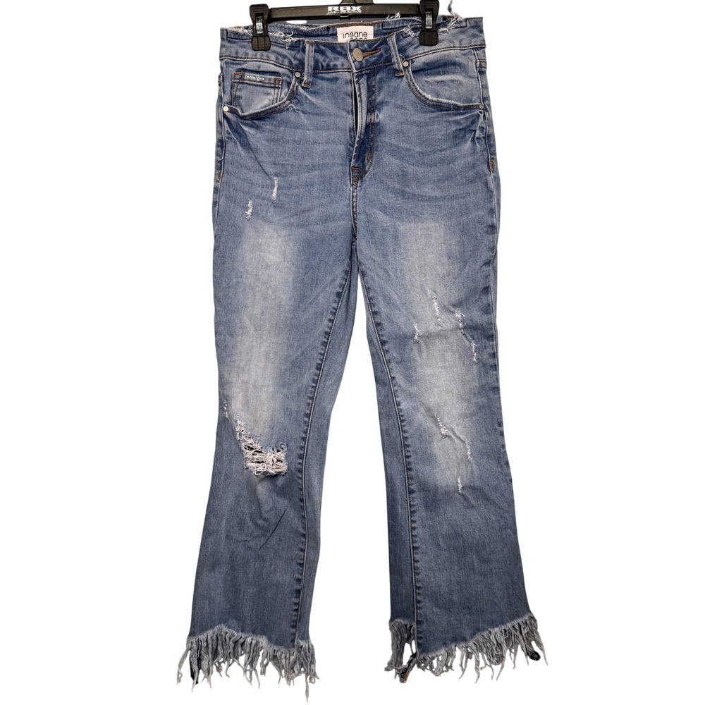 Insane Gene Women's Distressed Fringed Flare Jeans Light Wash Blue Size 5/26